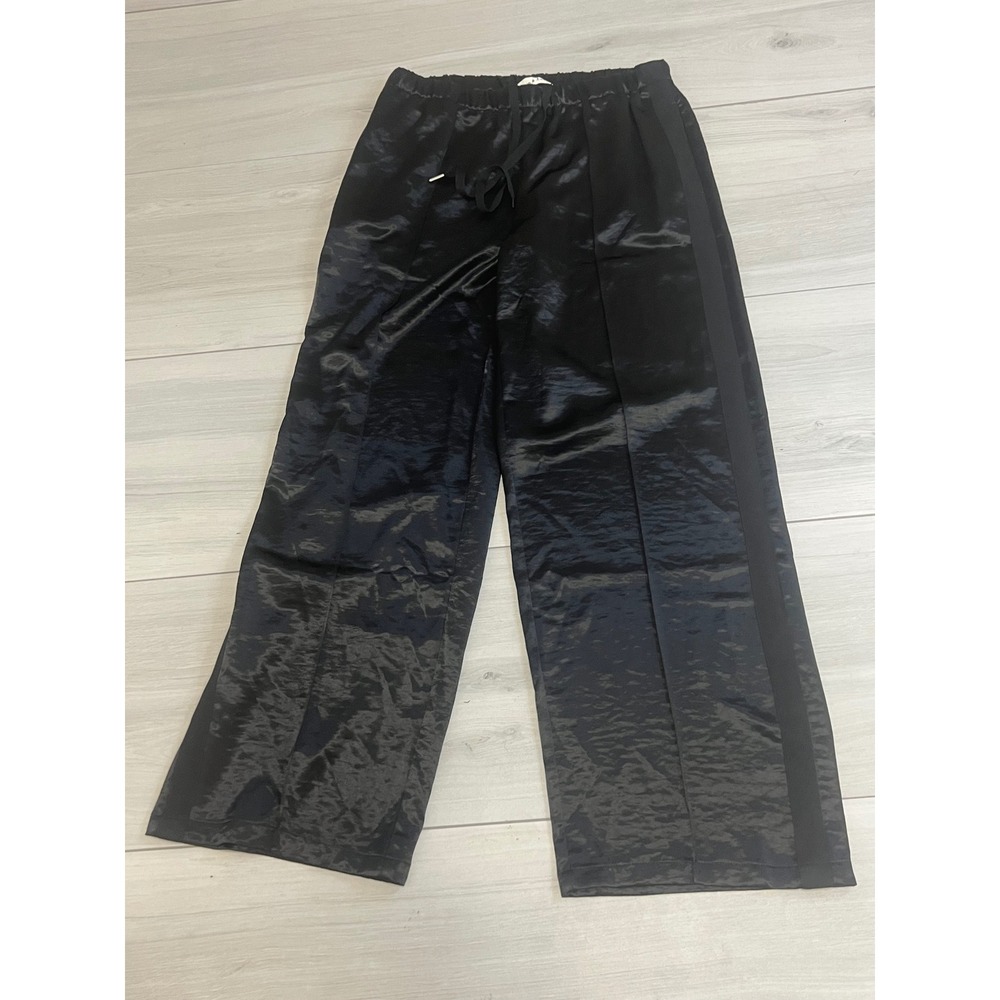Aaron & Amber Pants Womens Sz L Black Satin Wide Leg Drawstring Side Stripe Chic